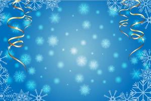 Fondo azul de invierno con copos de nieve y serpantino dorado. Ilustración de Navidad y año nuevo. vector