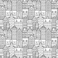 Seamless pattern of old european city. Holland houses facades in traditional Dutch style. The Decorative Architecture of Amsterdam. Black and white background vector