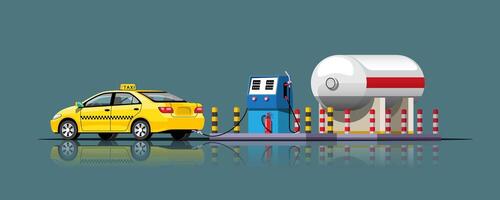 Taxi llenando de energía en la ilustración de vector de gasolinera