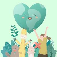 Girl and animals with earth environmental nature design elements. vector