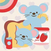 Two mice ate their home with croissants and strawberry jam. vector