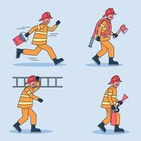 firefighter character set. Fireman extinguishing fire set isolated on white background. Flat cartoon character of firefighter. vector