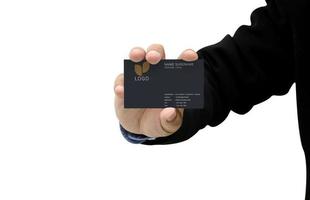 Business man holding business cards mockup photo