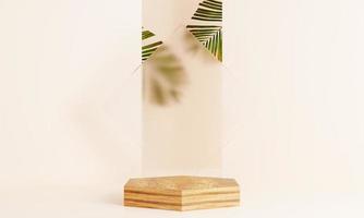 Product display podium with tropical leaves on pastel background. 3D rendering