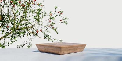 Wooden product display podium with blurred nature leaves background. 3D rendering photo