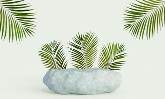 rock product display podium with tropical leaves background. 3D rendering photo