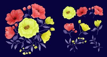 un conjunto de flores pintadas en acuarela para varias tarjetas y tarjetas de felicitación. vector