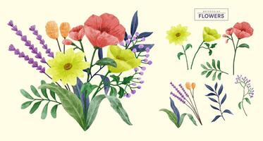 un conjunto de flores pintadas en acuarela para varias tarjetas y tarjetas de felicitación. vector