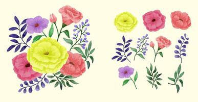 un conjunto de flores pintadas en acuarela para varias tarjetas y tarjetas de felicitación. vector