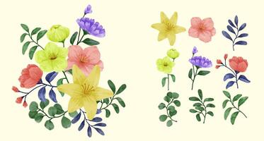 un conjunto de flores pintadas en acuarela para varias tarjetas y tarjetas de felicitación. vector