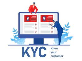 kyc o conozca a su cliente con el negocio verificando la identidad del concepto de sus clientes en los futuros socios a través de un ilustrador de vectores de lupa