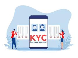 KYC or know your customer with business verifying the identity of its clients concept at the partners-to-be through a magnifying glass vector illustrator