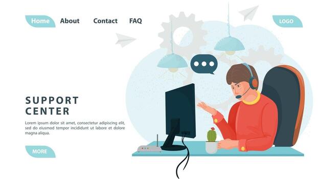 Customer service call center with people a man in red clothes uses headphones and a monitor to support the design of web pages and mobile applications flat design vector