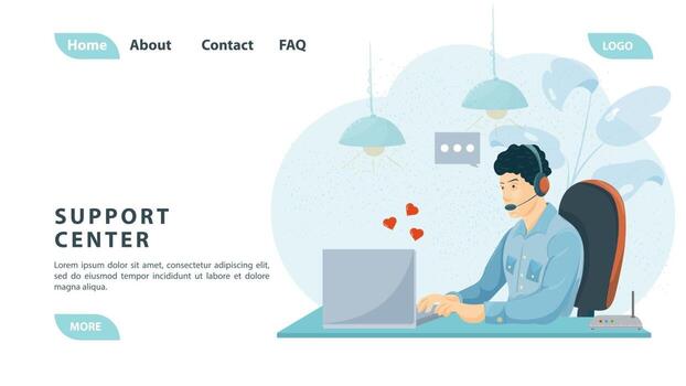 Customer service call center with people a man uses headphones and a laptop for support for the design of web pages and mobile applications flat design vector