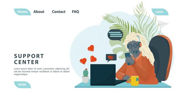 Customer service call center a black girl communicates with people on the phone working in support for the design of web pages and mobile applications flat design vector