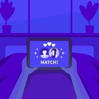 Online dating, match on screen, tablet in hands, vector illustration