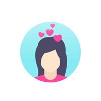 Girl head with hearts, vector icon on white