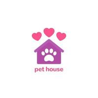 Logotipo de la casa de mascotas, pata y hogar con corazones. vector