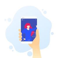 LIVE stream with girl, phone in hand vector