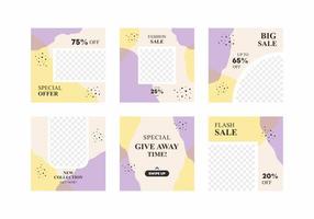 Set of design backgrounds for social media feed and post with placeholder for photo in pastel purple and yellow color combination. Abstract vector design template for social media post