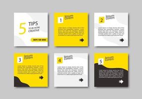 Set of 6 square banners with sample text. Yellow, white and black colors for social media post grid templates. Heading, post and quote frames. Feed layout. Presentation, brochure, card design. vector