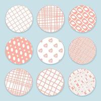 Nine pink white round patterned tapes for scrapbooking, Valentines day theme. Lines, squares, hearts, shaped patterns vector