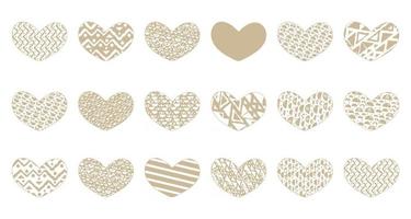 Set of beige isolated eighteen hearts with different patterns. Objects can be used for stickers, postcards, patterned tapes for scrapbooking. Valentines day theme. Lines, squares, hearts, shaped forms vector