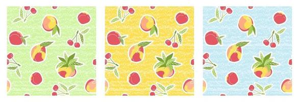 Set of summer fruits, berries seamless patterns. Vector illustrations of isolated cherries, peaches, plums, nectarines, leaves on blue yellow and green textured background in flat style