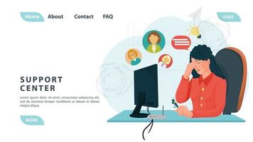 Customer service call center with people a woman in red clothes is tired of working in support for the design of web pages and mobile applications flat design vector