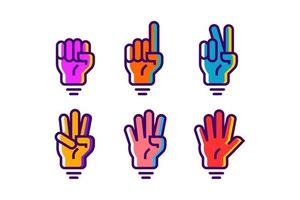 colorful hand gesture count 1 2 3 4 and 5 vector icon illustration in trendy cartoon filled line style set Illustration, counting hand vector design in modern neon color