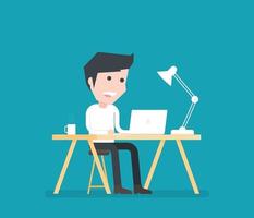 Man working on desk with laptop coffee and lamp. Vector illustration