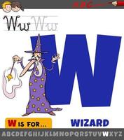 letter W from alphabet with cartoon wizard character vector