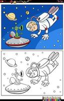 cartoon astronaut and alien characters coloring book page vector