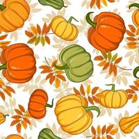 Seamless autumn pattern with bright pumpkins and leaves. Hand drawn pattern in flat style. Wallpaper, textiles, wrapping paper, page filling, cover, web, packaging. vector