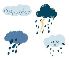 Set of cartoon clouds. Cute weather icons. Clouds with rain, hail, snow, lightning and cute face. Perfect for Printing Fabric Logo Sign Card Banners Kids Wall Design. Vector collection