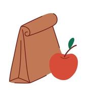Lunch for school. Paper bag with food and an apple. Lunch box for children. Take it with you. Recycle brown paper bag. Flat vector illustration isolated on white background.