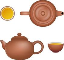 set of isolated chinese teapots and cups of tea vector