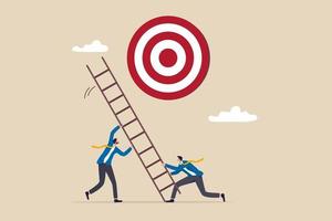 Develop ladder to success, set business goal, target, purpose and objective, partnership and teamwork to opportunity concept, business people team help set up ladder of success to reach target. vector