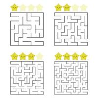 A set of square mazes. Four levels of difficulty. Cute stars. Game for kids. Puzzle for children. One entrances, one exit. Labyrinth conundrum. Flat vector illustration isolated on white background.