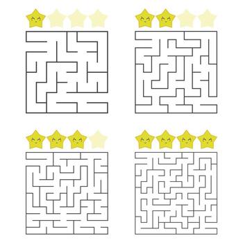 un conjunto de laberintos cuadrados. cuatro niveles de dificultad. lindas estrellas. juego para niños. rompecabezas para niños. una entrada, una salida. enigma del laberinto. Ilustración de vector plano aislado sobre fondo blanco.