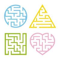 A set of colored light mazes. Circle, square, triangle, heart. Game for kids. Puzzle for children. One entrances, one exit. Labyrinth conundrum. Flat vector illustration isolated on white background.