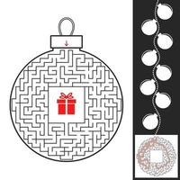 Maze Christmas toy. Game for kids. Puzzle for children. Find the path to the gift. Labyrinth conundrum. Flat vector illustration isolated on white background. With the answer.