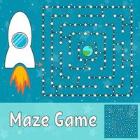 Simple maze. Help the rocket find its way to the earth. Game for kids. Puzzle for children. Labyrinth conundrum. Flat vector illustration isolated on turquoise background. With the decision.