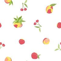 Fresh fruits berries seamless pattern. Vector illustration of isolated cherries, peaches, plums, nectarines with leaves on white background in flat style