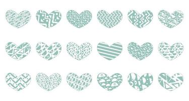 Set of green eighteen hearts with different patterns. Objects can be used for stickers, postcards, patterned tapes for scrapbooking. Valentines day theme. Lines, squares, hearts, shaped patterns vector