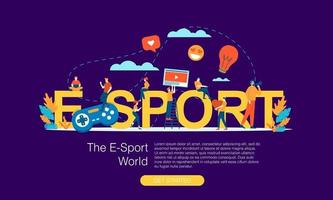 e-sport big letter with tiny people vector flat illustration design banner