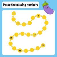 Paste the missing numbers. Handwriting practice. Learning numbers for kids. Education developing worksheet. Activity page. Game for children. Isolated vector illustration in cute cartoon style.