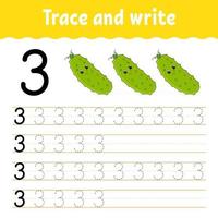 Trace and write. Handwriting practice. Learning numbers for kids. Education developing worksheet. Activity page. Game for toddlers and preschoolers. Isolated vector illustration in cute cartoon style.