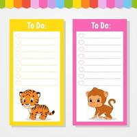 To do list for kids. Empty template. Isolated color vector illustration. Funny character. Cartoon style. For the diary, notebook, bookmark.