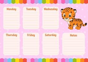 School schedule. Timetable for kids. Empty template. Weekly planer with notes. Isolated color vector illustration. Funny character. Cartoon style.